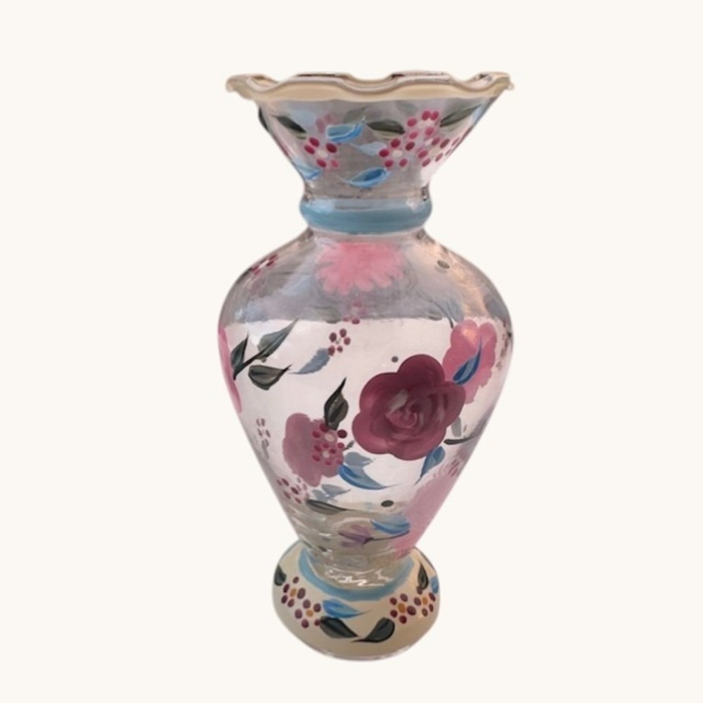 Pfaltzgraff Hand Painted Floral Glass Vase Pink Rose Ruffled Rim Pedestal 7.5in